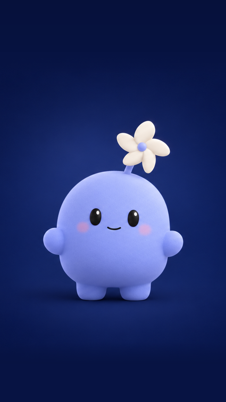 The ThinkForce helper: a small round periwinkle character with a cream flower growing from its head